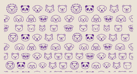 Minimal hand drawn animal faces pattern, cute cartoon puppy kitten line illustration, hand drawn panda bear doodle background, expressive strokes lion wildlife seamless art, purple kids nursery black  © pankaj