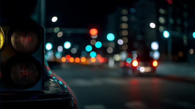 Car traffic in city at night, glowing street lights, urban road scene
