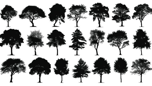 Trees display a collection of eighteen distinct black silhouettes arranged in three horizontal rows on a stark white background to provide a versatile set of botanical graphic design assets for.