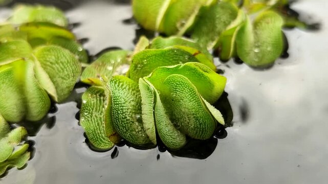 Salvinia minima, an exotic floating aquatic plant. It functions as a natural air purifier, aquarium shade, and algae preventative. It's ideal for a healthy pond ecosystem