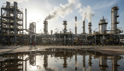 Obraz premium Heavy industrial refinery in bahrain with steel structures and steam vents
