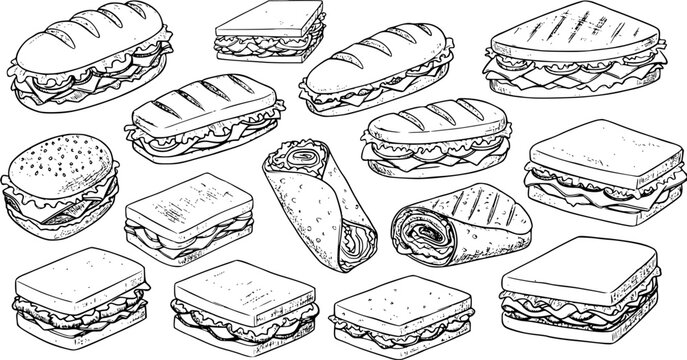 Hand-drawn set of various sandwiches, burgers, and wraps. Black and white outline food illustrations for menus, fast food designs, or healthy eating concepts.