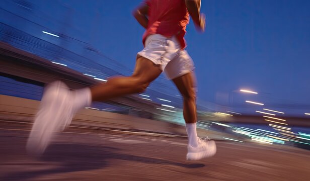 Person running fast at night on an urban road with blurred lights