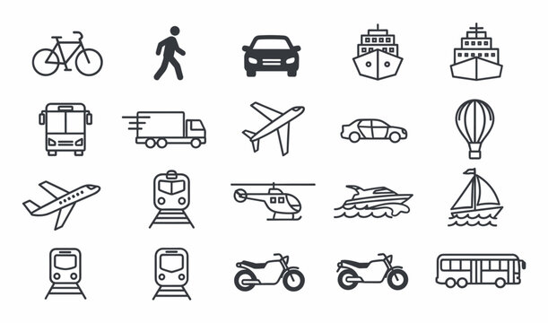 A comprehensive set of line icons depicting various modes of transportation, including land, air, and sea vehicles, along with a pedestrian.