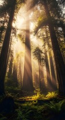 Fototapeta premium Sunbeams Piercing Through Redwood Forest Canopy Illuminating Misty Undergrowth for Wilderness Tranquility Concept