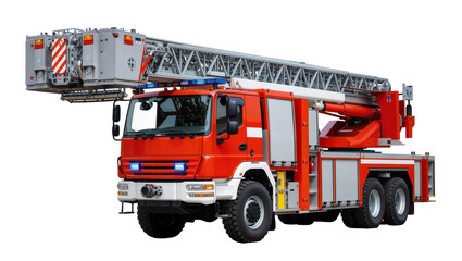 Red fire truck with extended ladder and emergency lights, isolated on transparent background © Finn