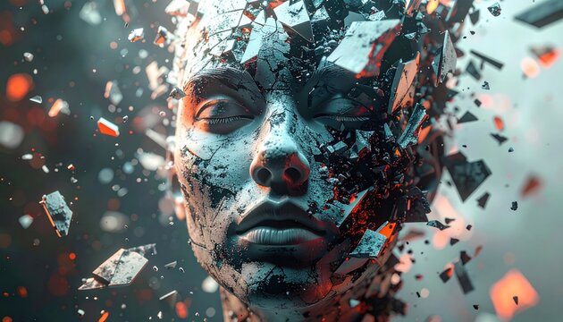 A serene face disintegrates into shards against a dark, fiery backdrop