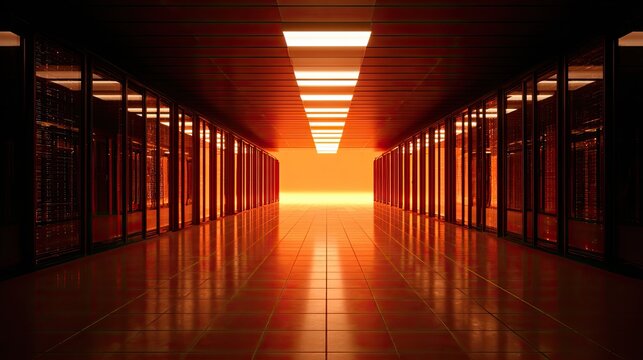 Long, glowing corridor of server racks under warm orange light