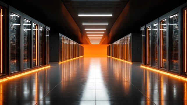 Rows of illuminated server racks recede into a bright orange glow