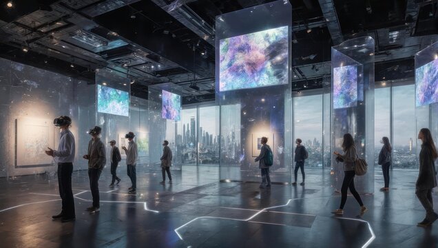 Visitors in a modern gallery wear VR headsets, viewing digital art with a city background