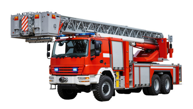 Red fire truck with extended ladder and emergency lights, isolated on transparent background