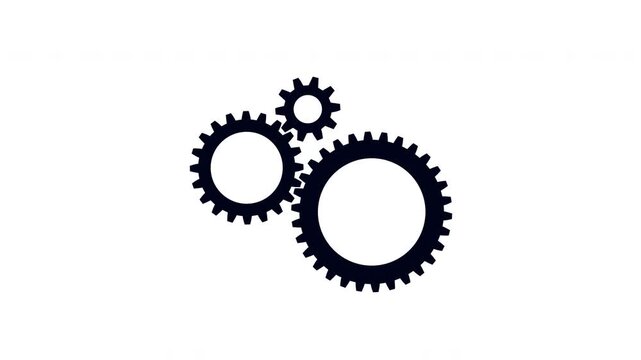 Flat style industrial gears animation featuring three black rotating cogs working together on a clean transparent background for business process concept
