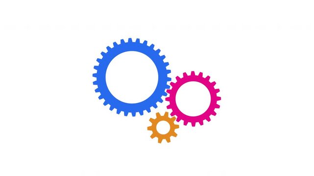 Flat style colorful industrial gears animation featuring blue pink and orange rotating cogs working together on transparent background for business concept