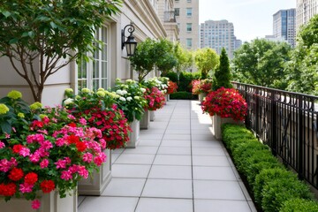 Obraz premium Urban rooftop garden terrace with colorful flowers