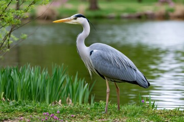 Fototapeta premium Grey heron standing patiently by pond in nature