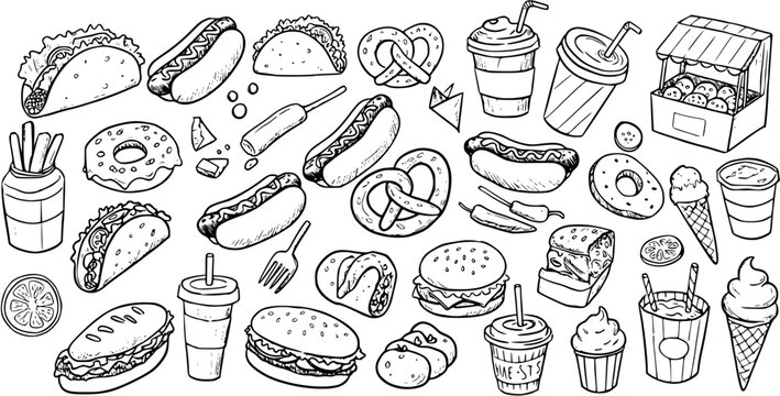 Hand-drawn doodle set of fast food and snacks including hot dogs, tacos, donuts, burgers, pretzels, drinks, and ice cream in black and white line art.