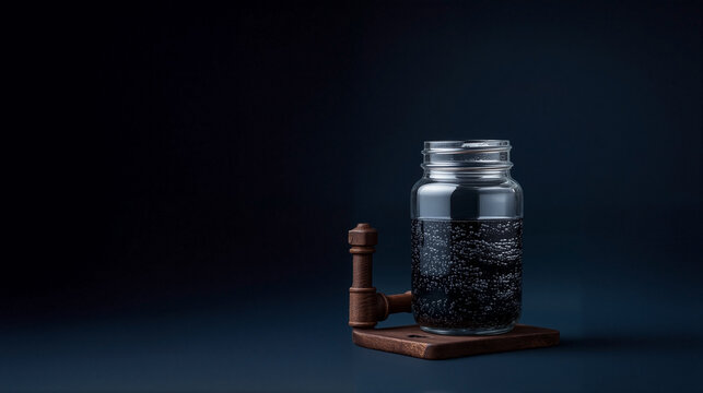 
Glass mason jar filled with dark crude oil beside wooden chess piece on wooden board representing strategic oil market power and energy crisis