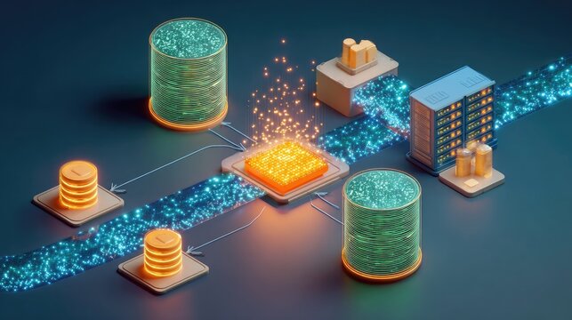 Futuristic digital network flow with glowing central processor and data
