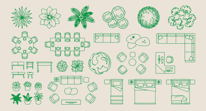 Office and living room furniture, interior layout floor plan icons, green furniture top view set, architectural room arrangement doodles, home and office planning symbols, furniture layout vector grap