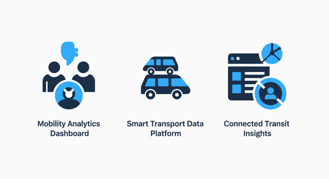 Smart mobility analytics and connected transport icons with mobility analytics transport platform connected dashboard technology information analysis business strategy management logistics