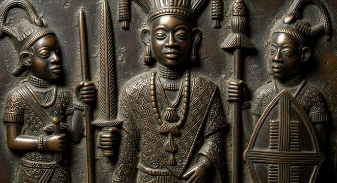 Ancient Benin Bronze Plaque Depicting Oba and Attendants.