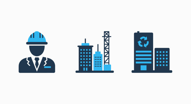 Engineer city buildings construction site sustainable architecture icons with hard hat real estate eco friendly white background smart city engineer construction architecture building