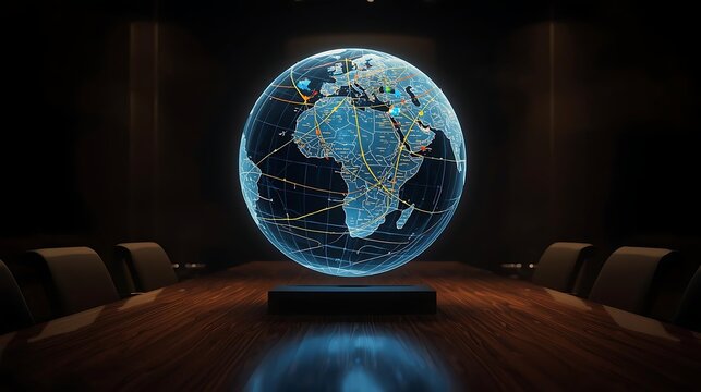 Holographic glowing globe with digital connections displayed on a table in a dark conference room world map hologram connections technology futuristic communication internet business