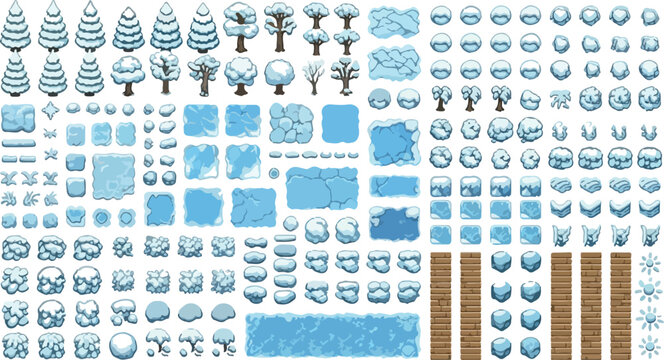 Isometric winter game assets, pixel art snow tiles and frozen trees, blue ice environment construction kit for level design, 2D game vector sprites