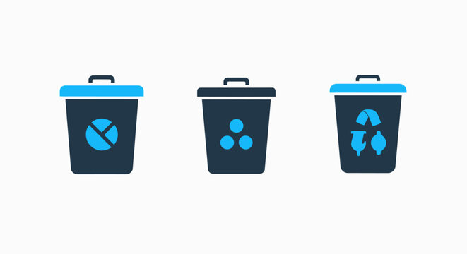 Waste management and recycling bin icons with pie chart general waste recycle symbol trash can eco friendly user interface dark blue white background domestic waste industrial waste recycling