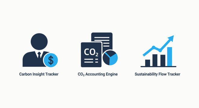Carbon footprint tracking co2 accounting engine sustainability flow tracker icons with business intelligence footprint accounting sustainability tracking emissions environmental analytics
