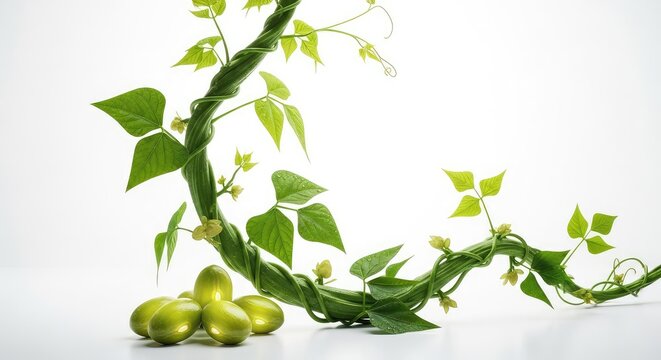 A massive green beanstalk spiraling upwards from a cluster of glowing magical beans against a clean white background in a studio setting, beanstalk, lush, seedling