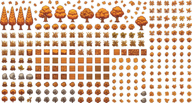 Pixel art autumn forest game assets, retro 8-bit nature environment tileset, orange fall trees and foliage collection for video game design