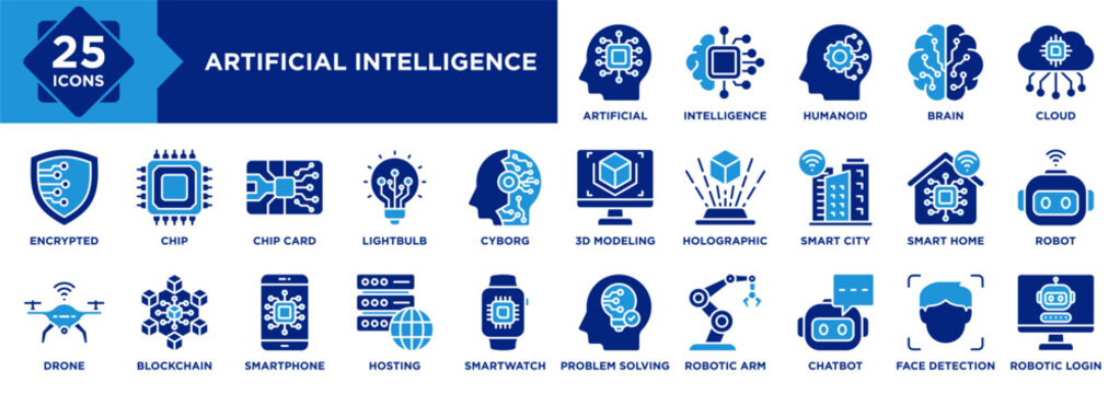 Artificial Intelligence Icon Collection Set. Containing Artificial, Intelligence, Humanoid, Brain, Cloud, Robot, Smart Home, Smart City, Holographic