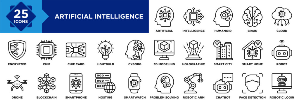 Artificial Intelligence Icon Collection Set. Containing Artificial, Intelligence, Humanoid, Brain, Cloud, Robot, Smart Home, Smart City, Holographic