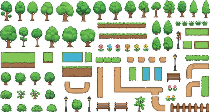 Pixel art nature game assets, retro 8-bit garden and park construction kit, green trees and landscape elements vector set for game design