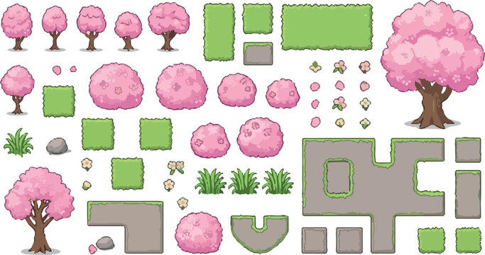 Pixel art cherry blossom game assets, pink sakura tree and garden tile set, 2D environment sprites for landscape level design