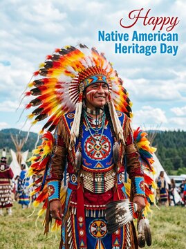 Vibrant Native American man in traditional headdress and regalia