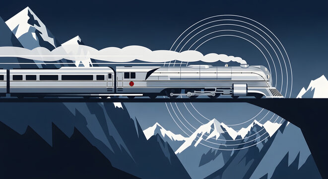 Retro futuristic steam train crossing mountain bridge at night