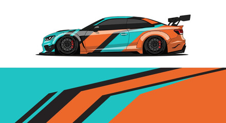 Obraz premium Vibrant teal and orange race car with bold geometric racing stripes.