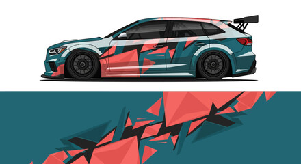 Colorful geometric race car with angular polygon design against teal backdrop. © AhzaArdiansyah