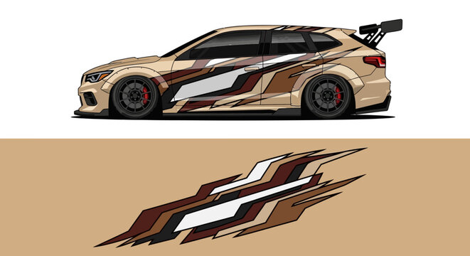 Sleek gold and white race car with bold aerodynamic body kit on track.