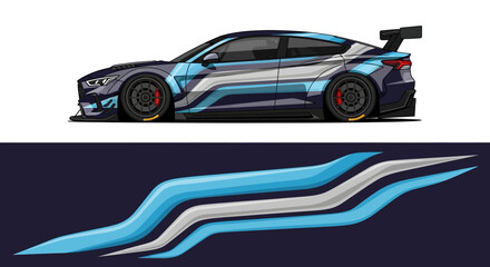 Dynamic race car design with bold blue graphics and sleek aerodynamic shapes. © AhzaArdiansyah
