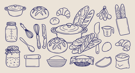 Bakery products bread icons, fresh pastry hand drawn doodles, blue kitchen baking elements, flour and croissant sketch set, homemade bread vector graphics, bakery shop menu line art, bread and dough b © pankaj