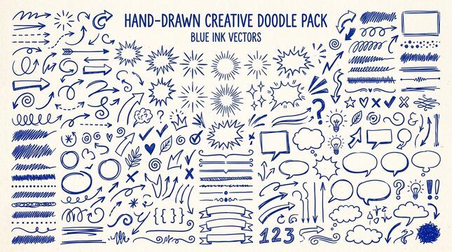 Hand drawn doodle pack blue ink vectors arrows bursts and symbols.