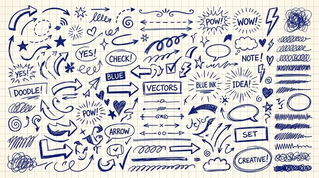 Creative doodle pack blue ink arrows speech bubbles stars accents.