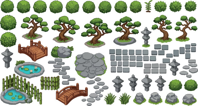 Japanese garden landscape elements vector set, zen garden bonsai trees and stone lanterns, isometric oriental park assets with wooden bridges and ponds