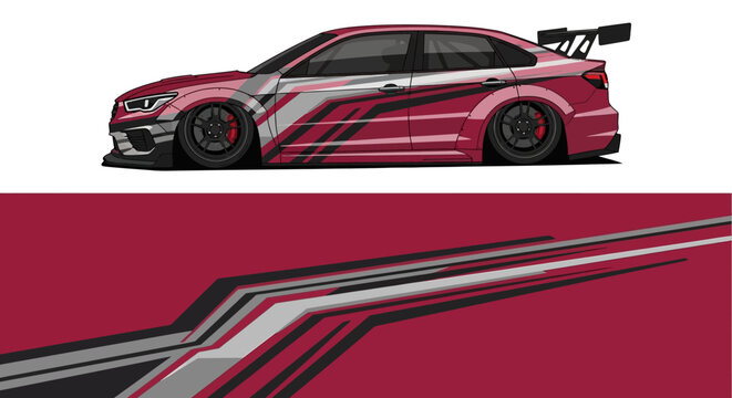 Side view of a customized red racecar featuring bold stripes and aerodynamic rear wing.