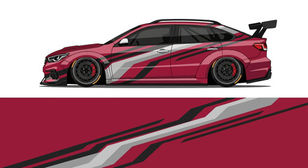 Sleek red and pink racing car with bold white stripes speeding along the track. © AhzaArdiansyah