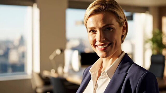 Confident businesswoman smiling in modern office with city view professional corporate success