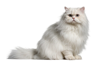 Fluffy white Persian cat with long fur, sitting elegantly isolated on transparent background © Finn